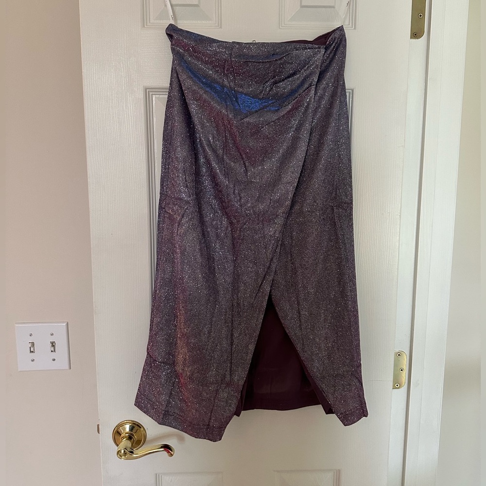 Midi Lulus Elegant Purple Shimmer Skirt with Faux Wrap & Back Zipper Size S
